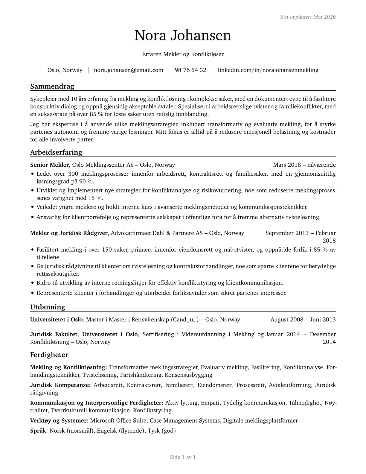 Arbitrators, Mediators, and Conciliators CV in Norwegian_bokmal — page 1