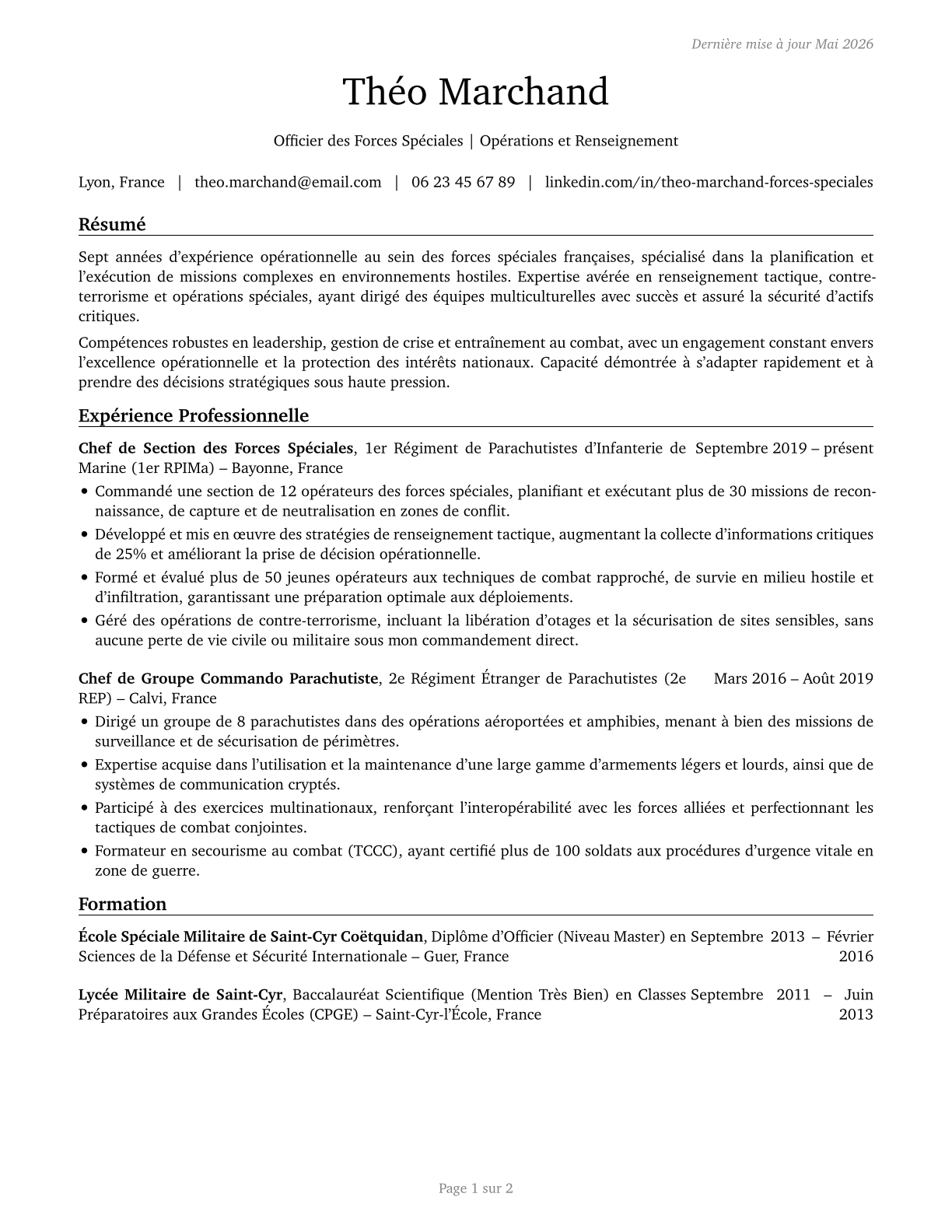 Special Forces Officers CV in French — page 1