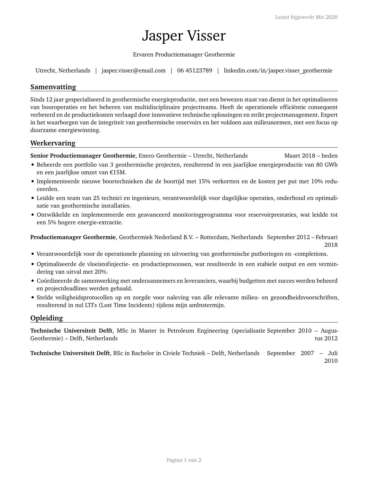 Geothermal Production Managers CV in Dutch — page 1