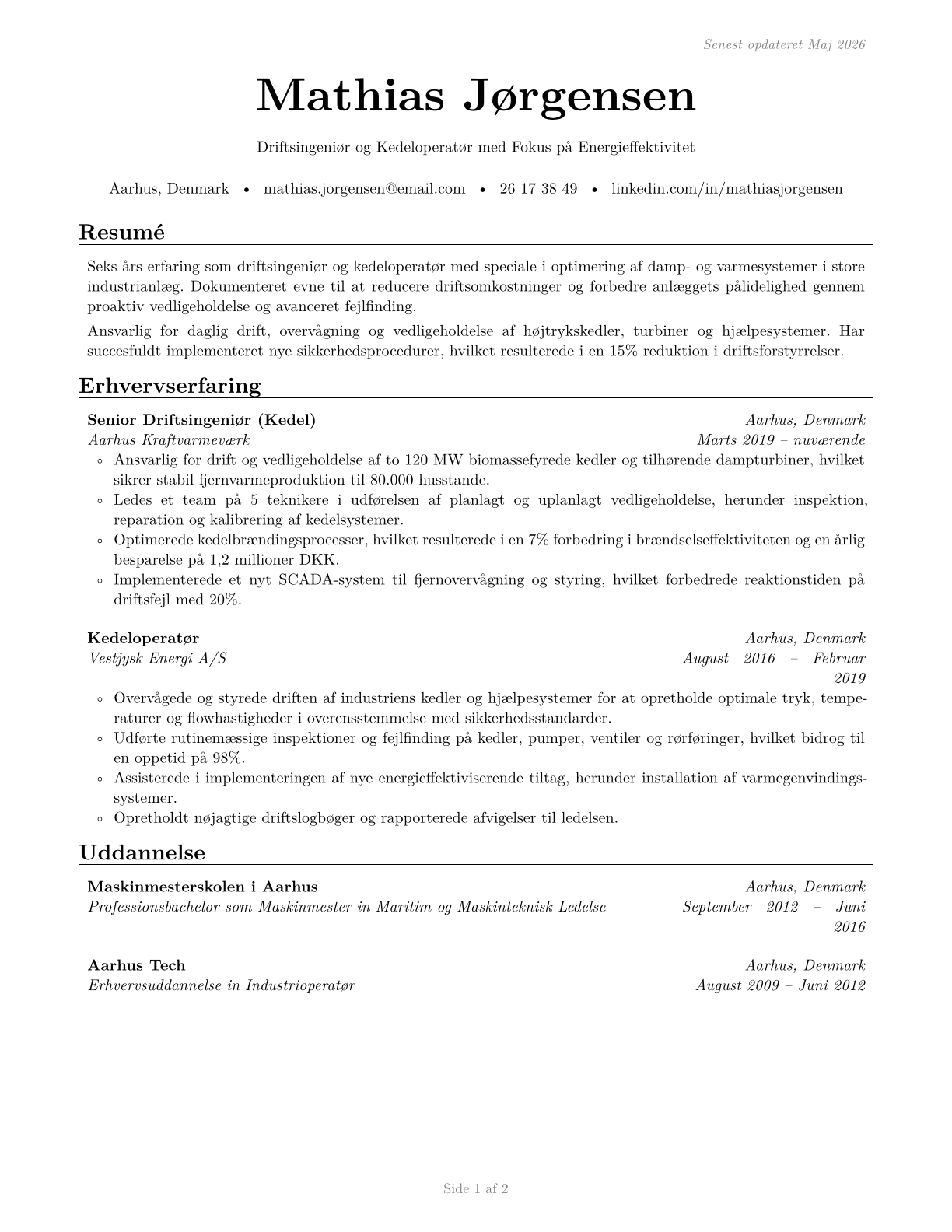 Stationary Engineers and Boiler Operators CV in Danish — page 1