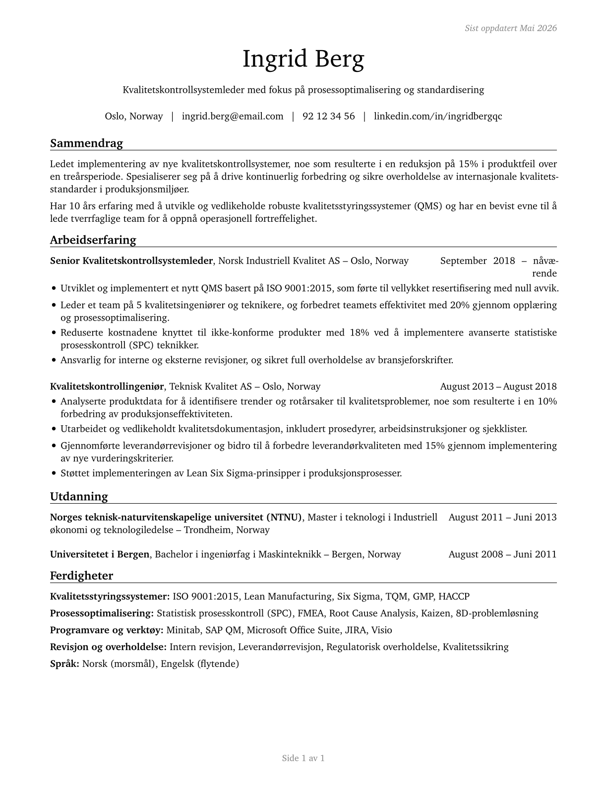 Quality Control Systems Managers CV in Norwegian_bokmal — page 1