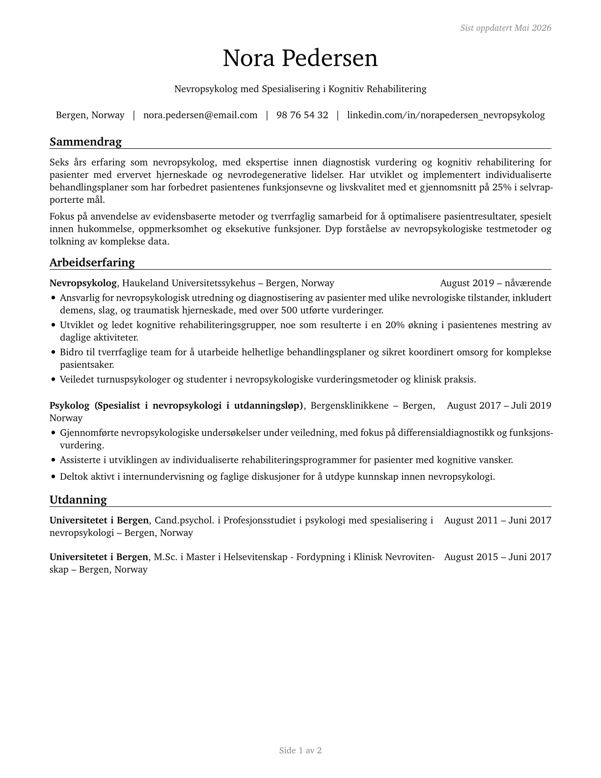 Neuropsychologists CV in Norwegian_bokmal — page 1