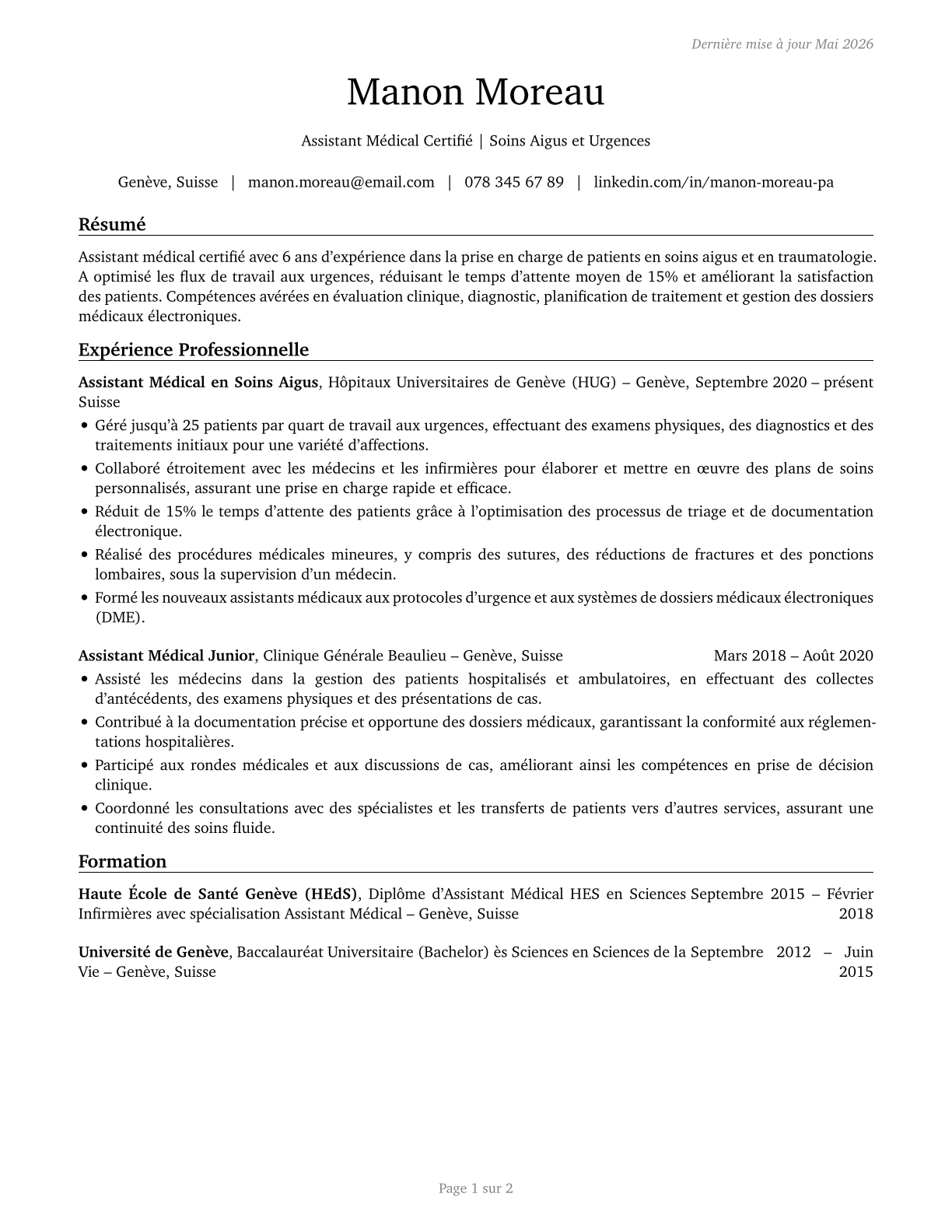 Physician Assistants CV in French — page 1
