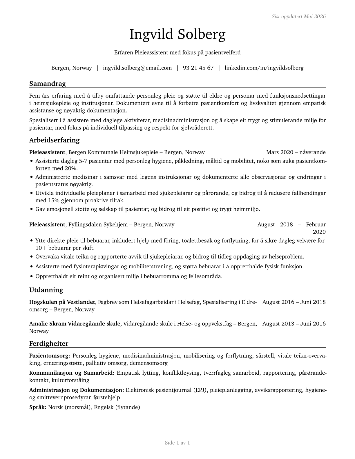 Personal Care Aides CV in Norwegian_nynorsk — page 1