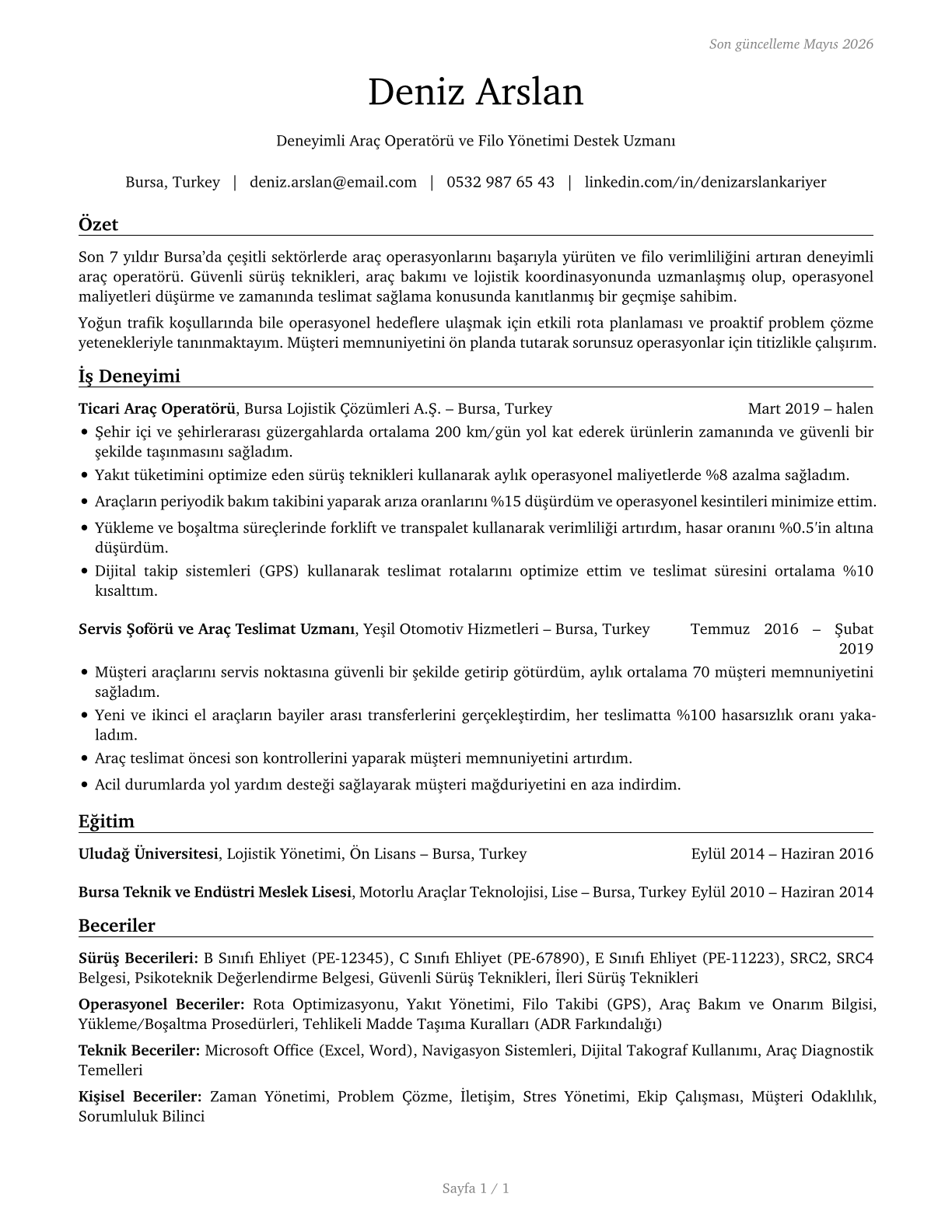 Motor Vehicle Operators, All Other CV in Turkish — page 1