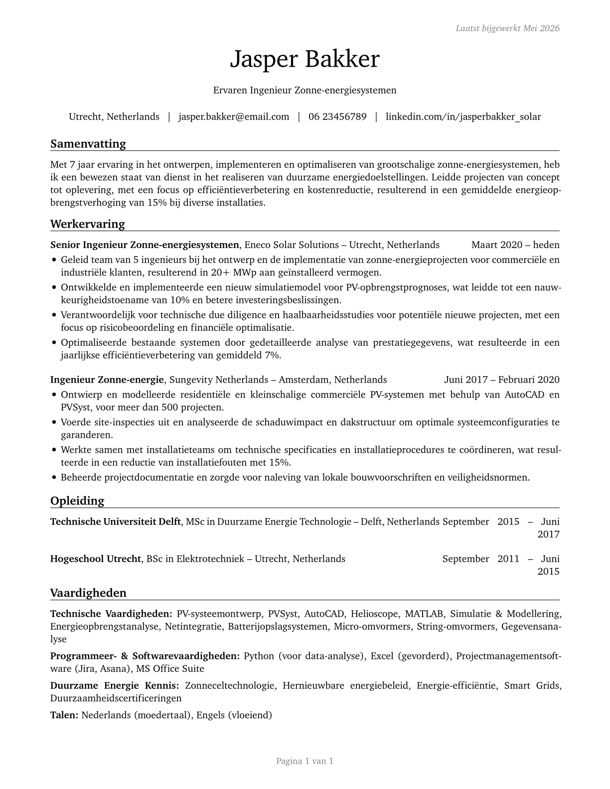 Solar Energy Systems Engineers CV in Dutch — page 1
