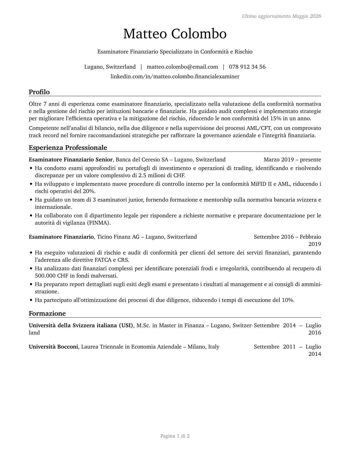 Financial Examiners CV in Italian — page 1