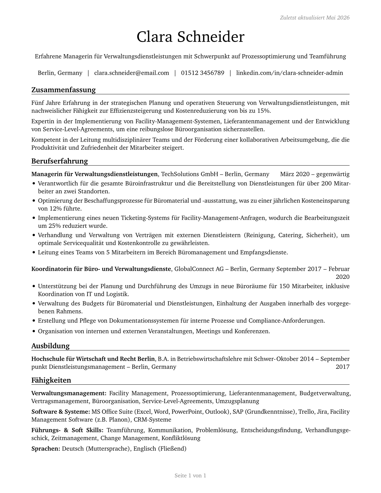 Administrative Services Managers CV in German — page 1