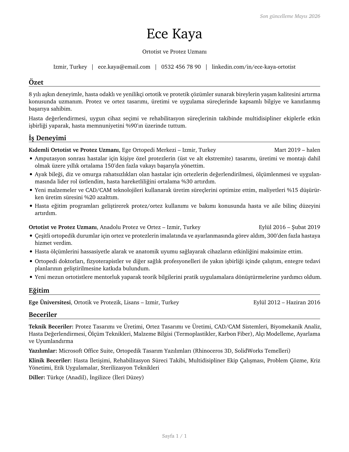 Orthotists and Prosthetists CV in Turkish — page 1