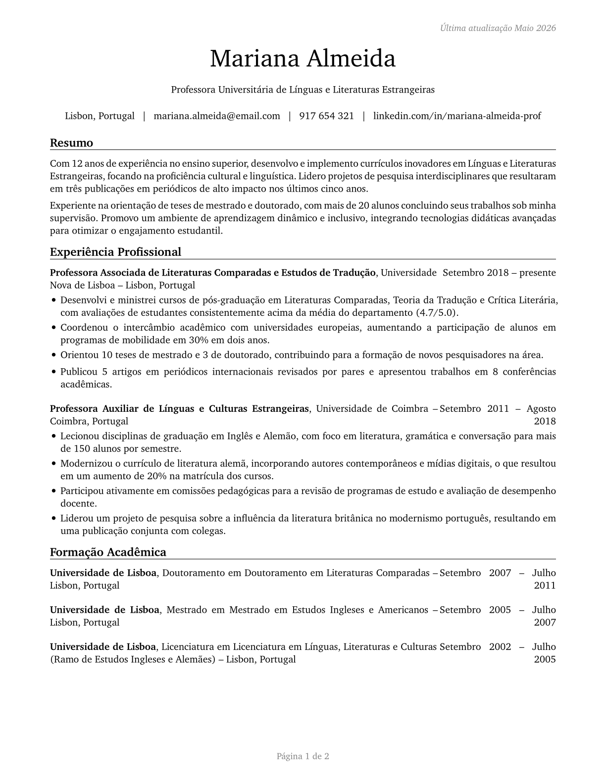 Foreign Language and Literature Teachers, Postsecondary CV in Portuguese — page 1