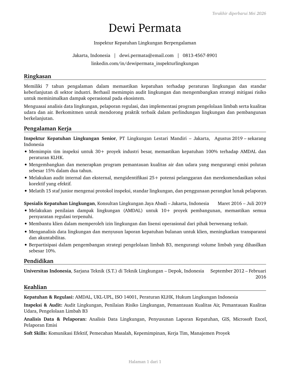 Environmental Compliance Inspectors CV in Indonesian — page 1