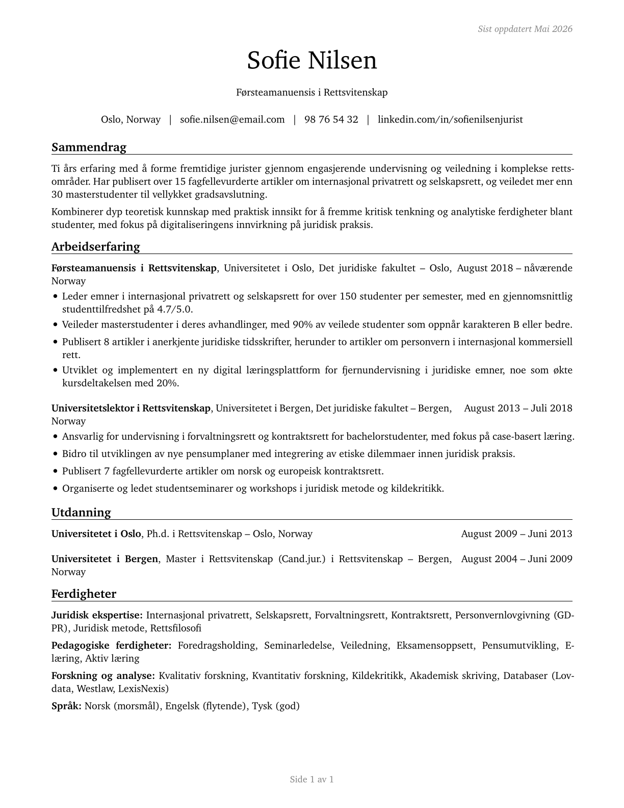 Law Teachers, Postsecondary CV in Norwegian_bokmal — page 1