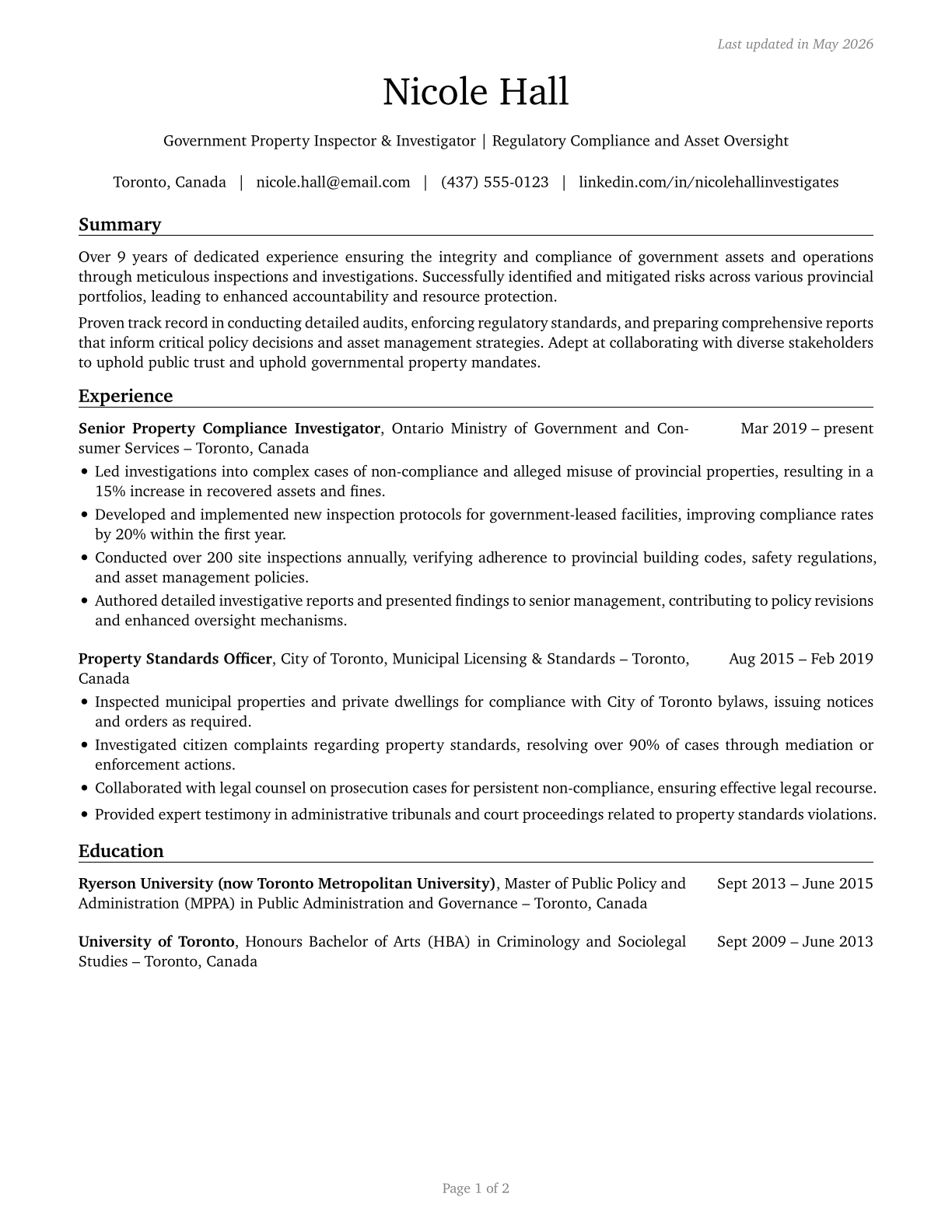 Government Property Inspectors and Investigators CV in English — page 1