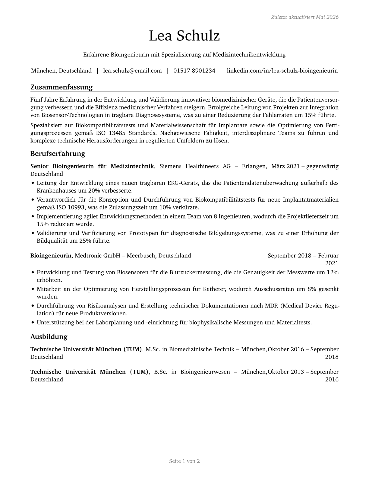 Bioengineers and Biomedical Engineers CV in German — page 1