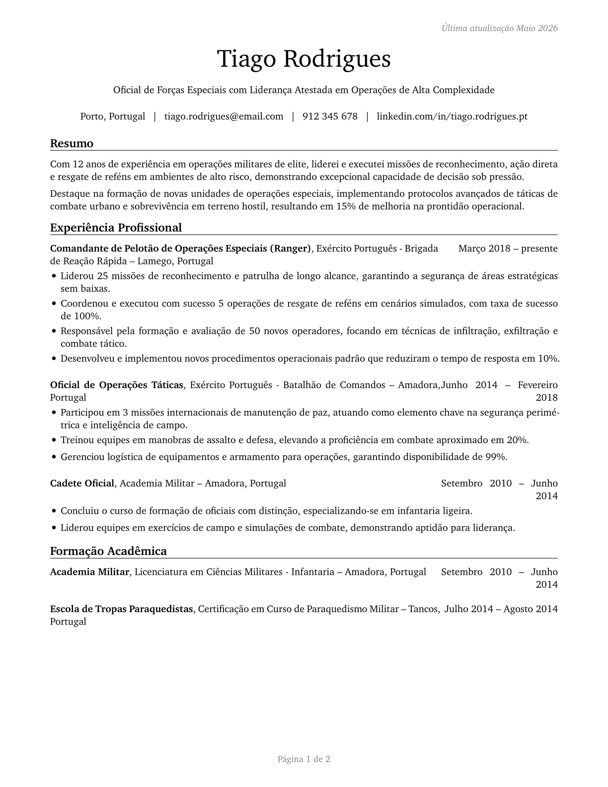 Special Forces Officers CV in Portuguese — page 1