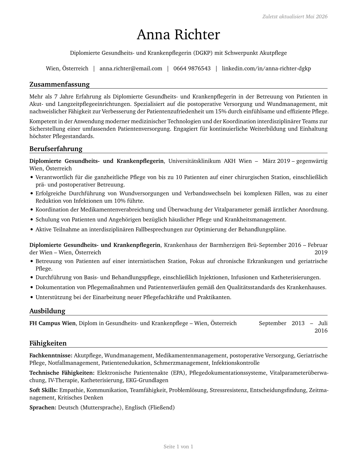 Licensed Practical and Licensed Vocational Nurses CV in German — page 1