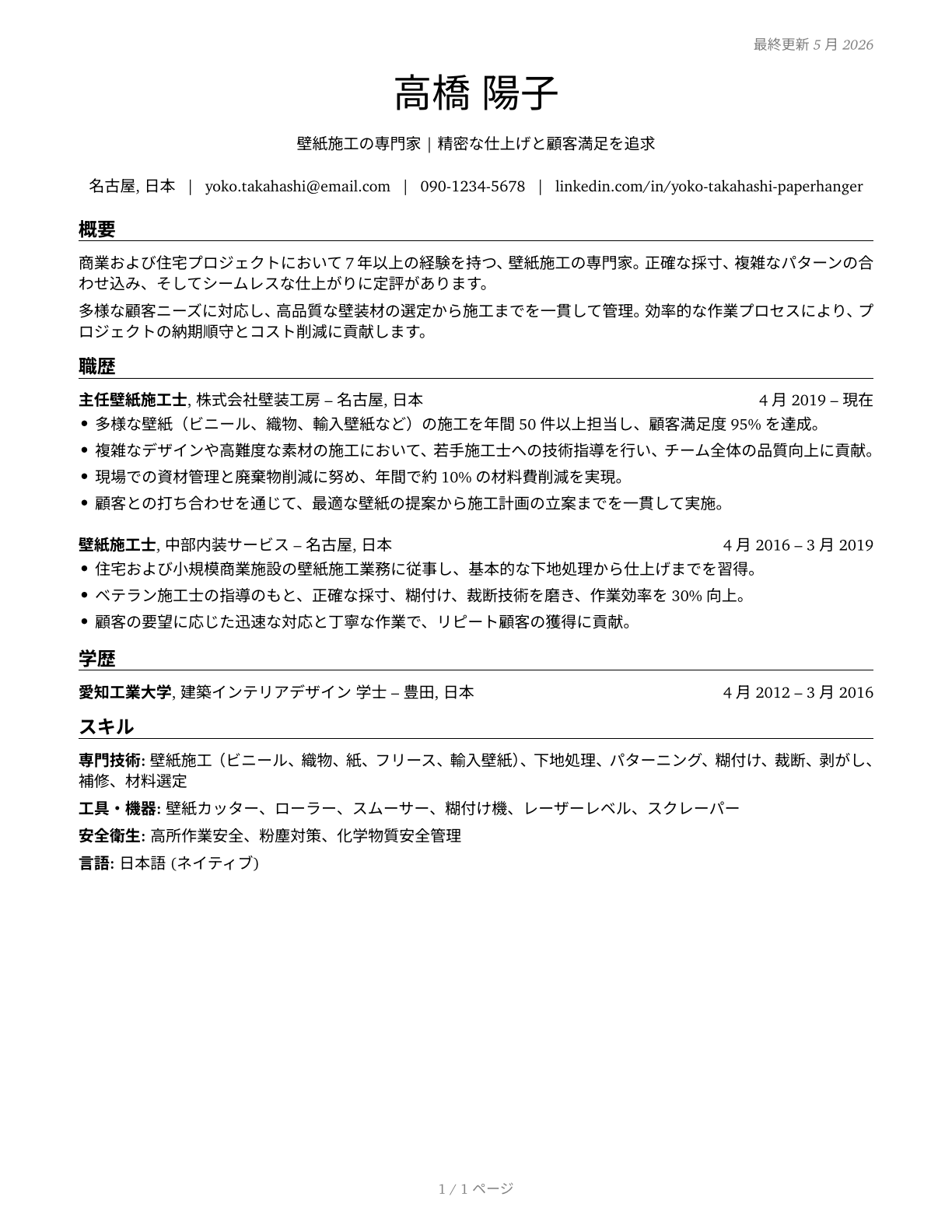 Paperhangers CV in Japanese — page 1