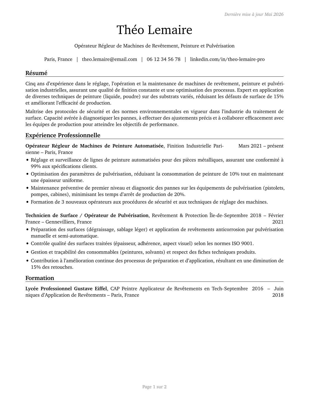 Coating, Painting, and Spraying Machine Setters, Operators, and Tenders CV in French — page 1
