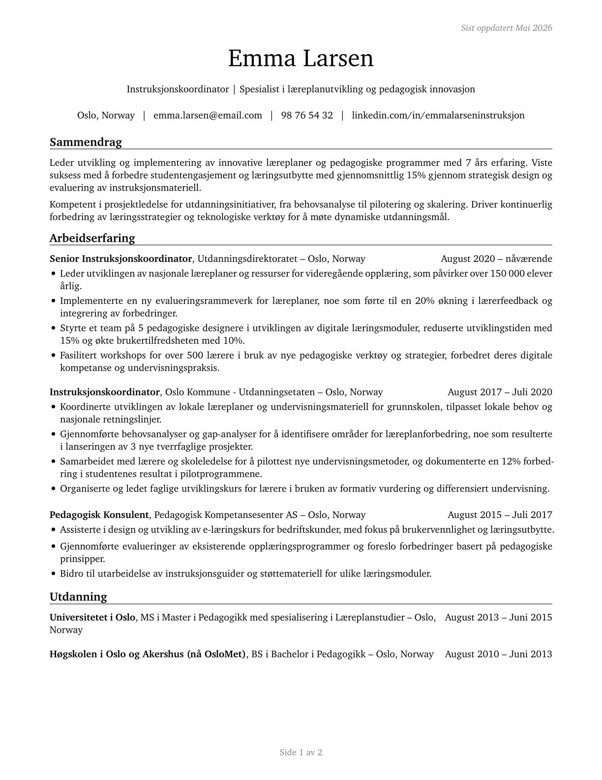 Instructional Coordinators CV in Norwegian_bokmal — page 1