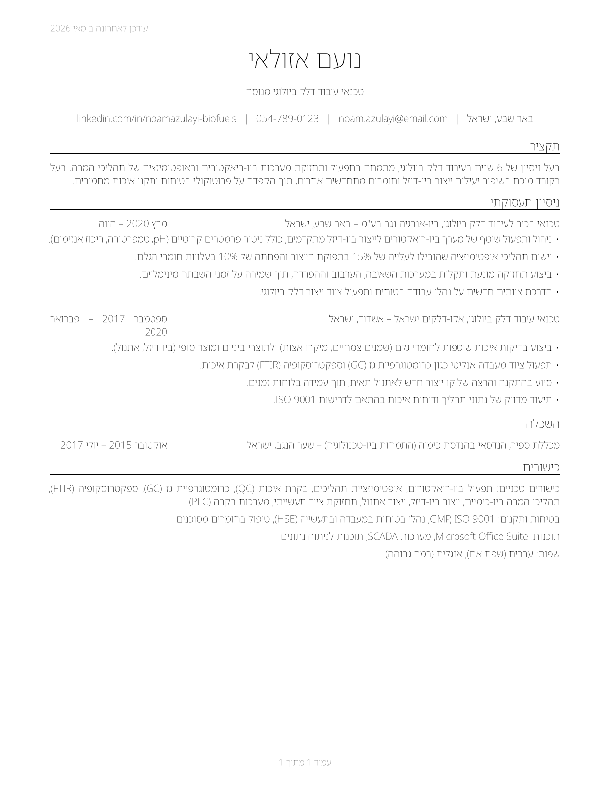 Biofuels Processing Technicians CV in Hebrew — page 1