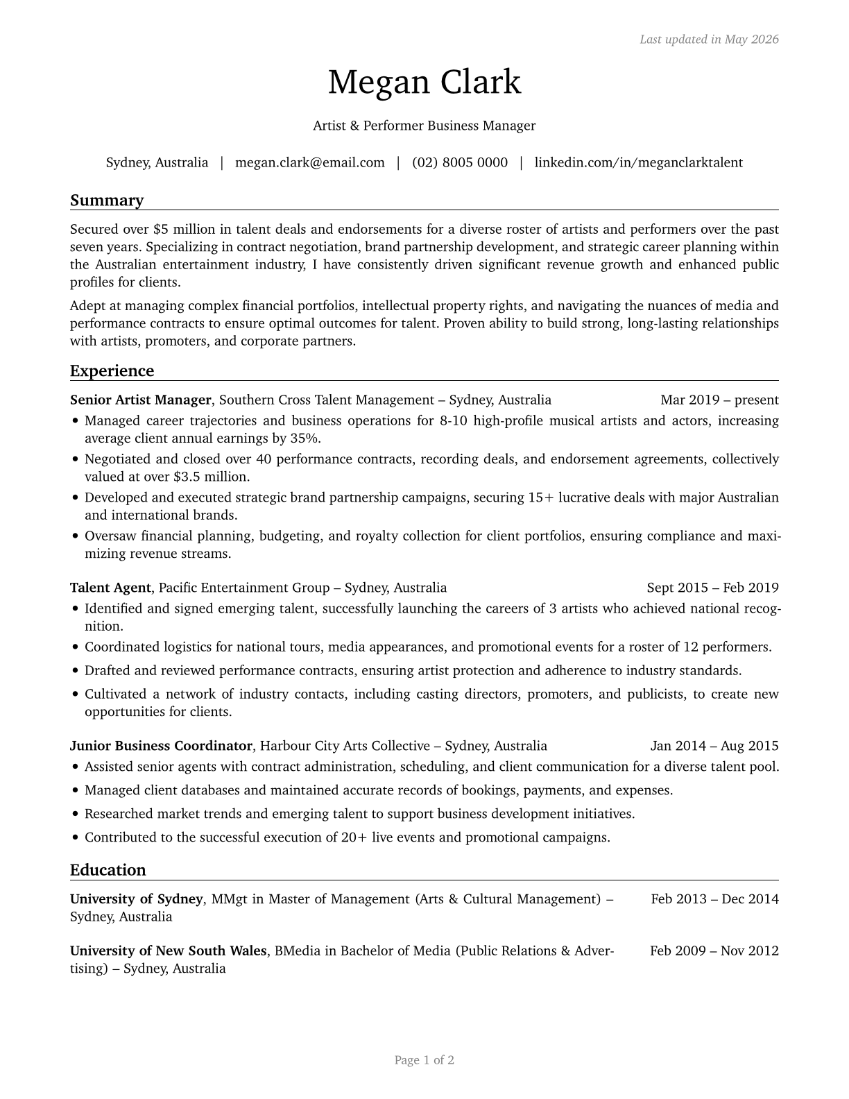 Agents and Business Managers of Artists, Performers, and Athletes CV in English — page 1