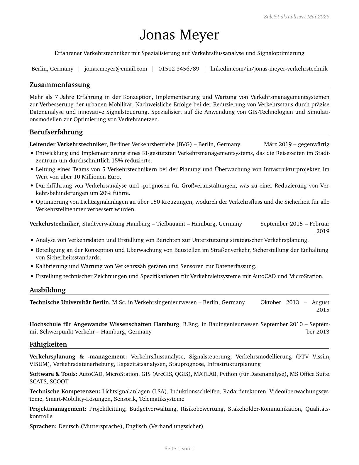 Traffic Technicians CV in German — page 1