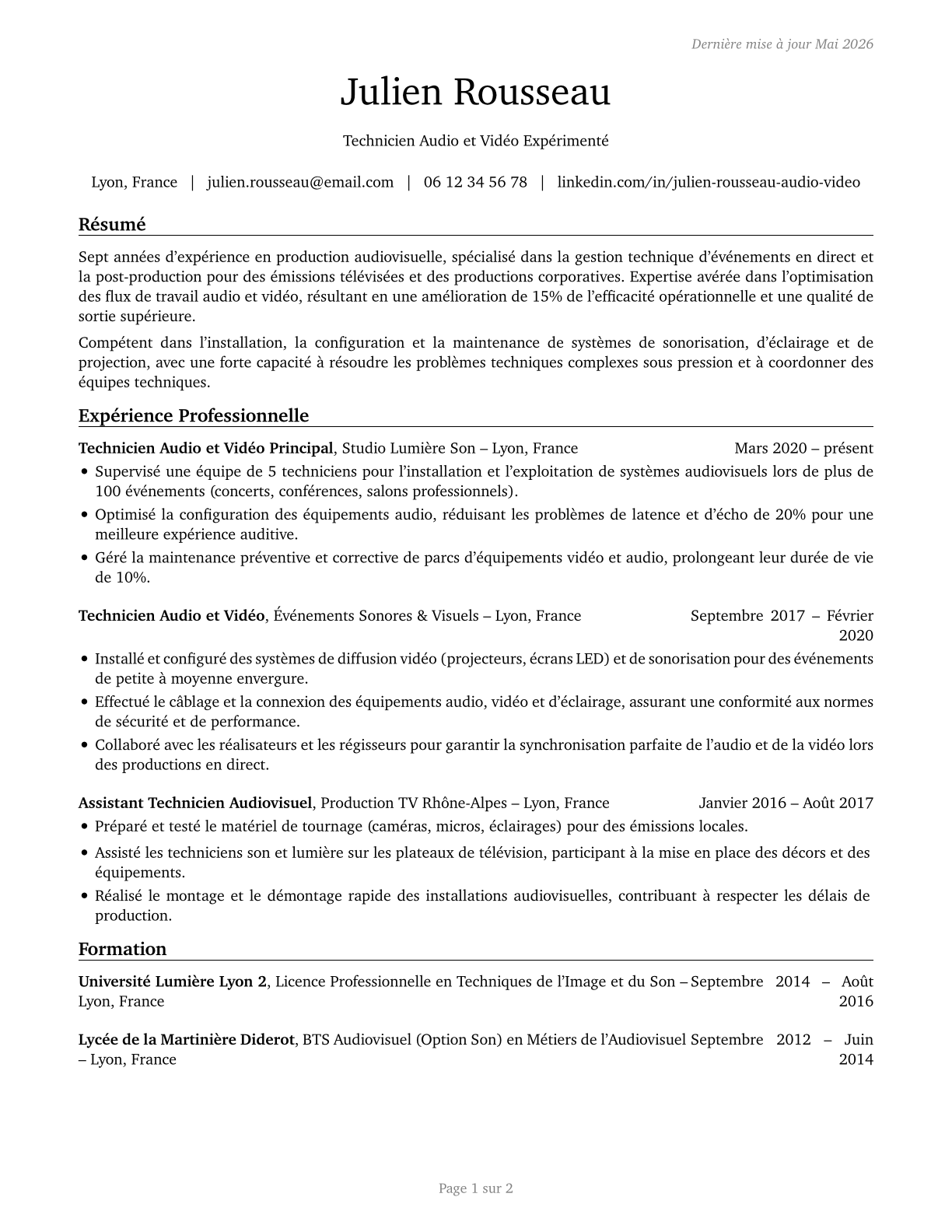 Audio and Video Technicians CV in French — page 1
