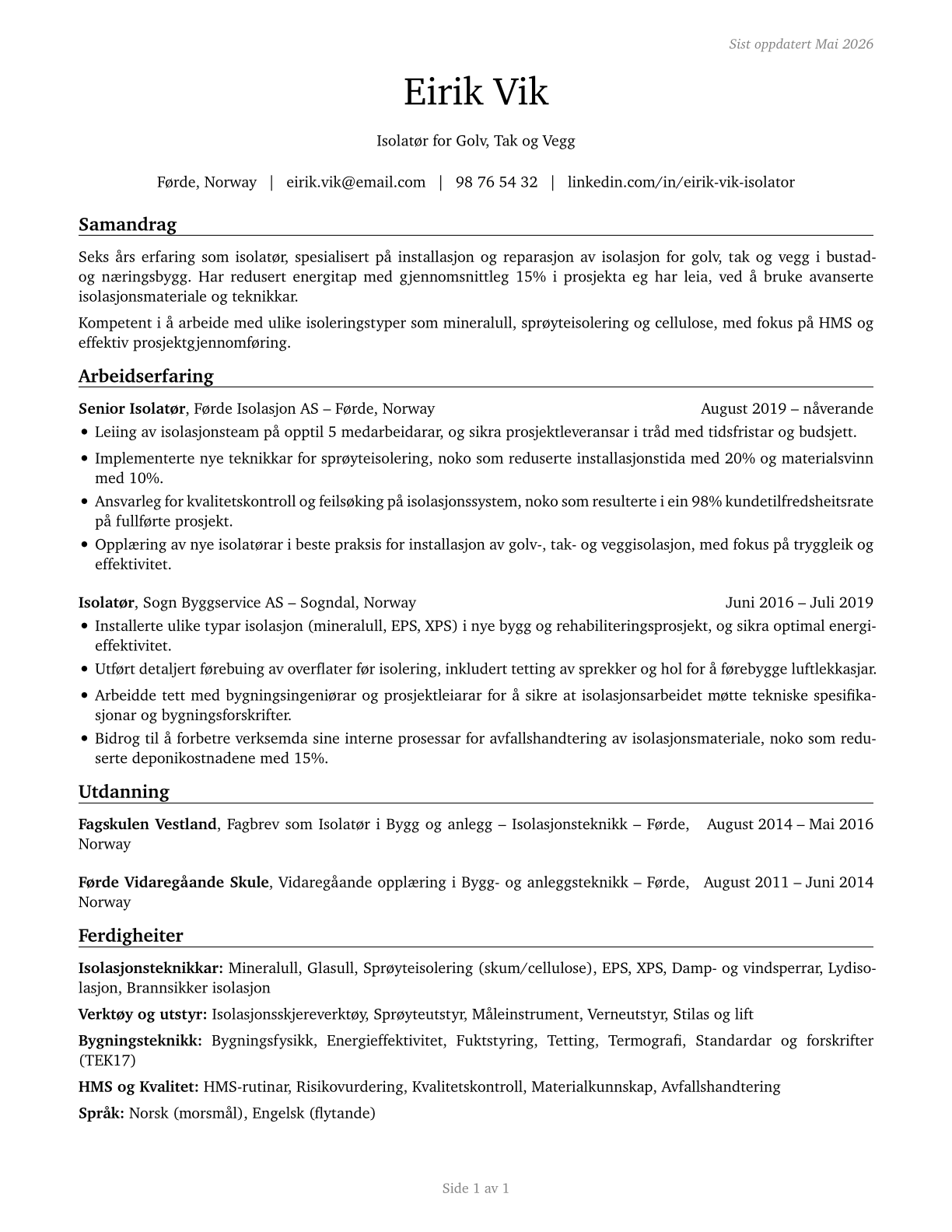 Insulation Workers, Floor, Ceiling, and Wall CV in Norwegian_nynorsk — page 1