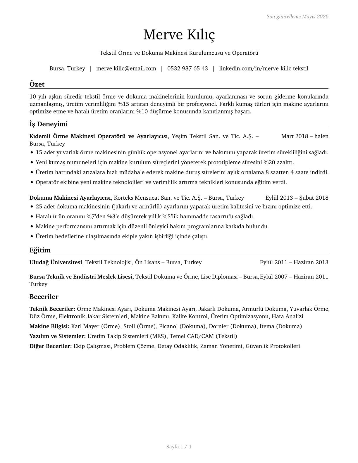 Textile Knitting and Weaving Machine Setters, Operators, and Tenders CV in Turkish — page 1