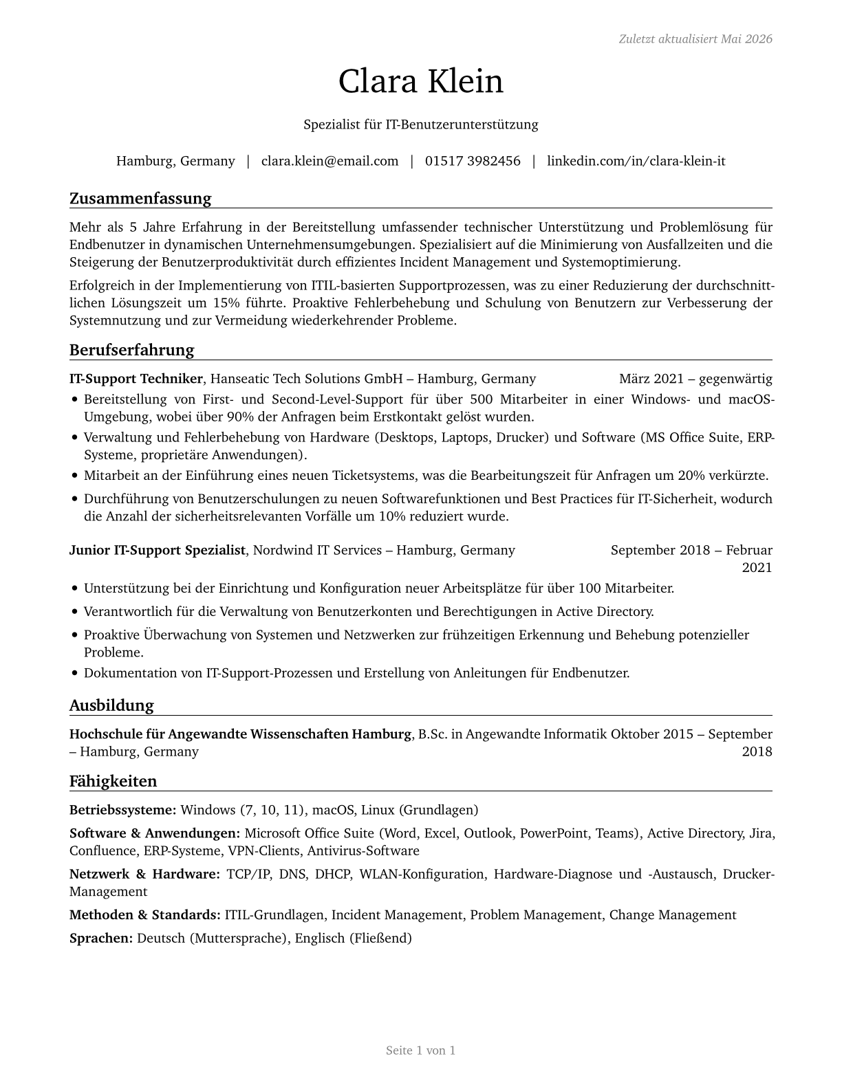 Computer User Support Specialists CV in German — page 1