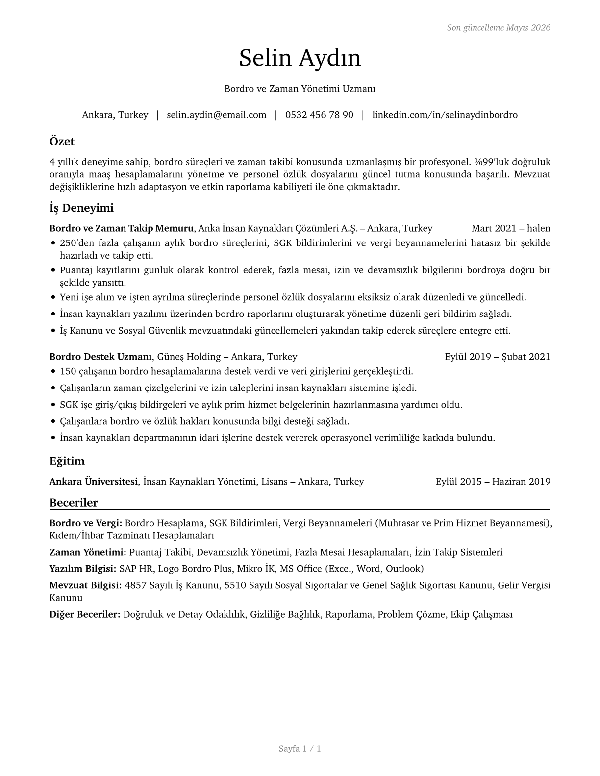 Payroll and Timekeeping Clerks CV in Turkish — page 1