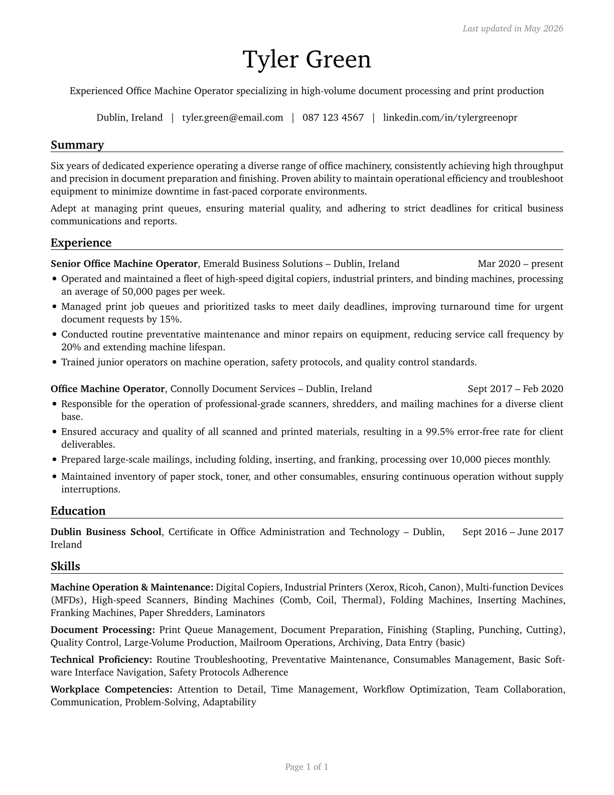 Office Machine Operators, Except Computer CV in English — page 1