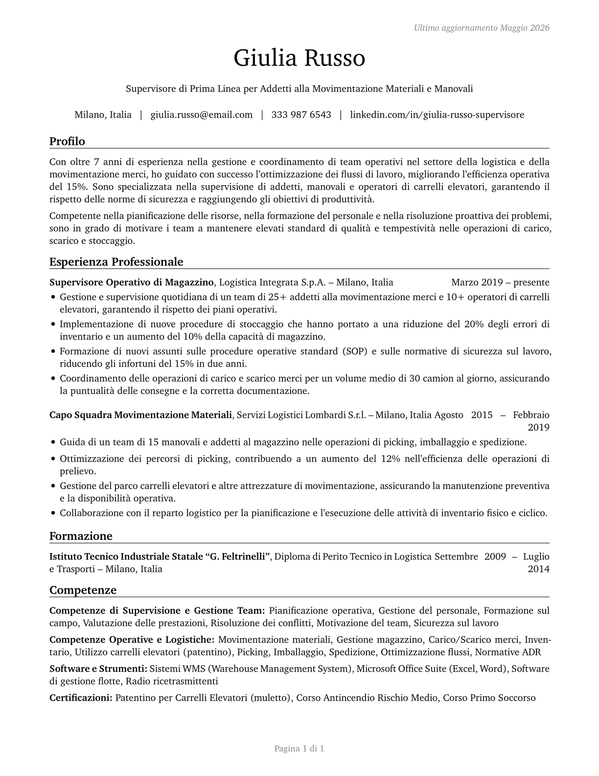 First-Line Supervisors of Helpers, Laborers, and Material Movers, Hand CV in Italian — page 1