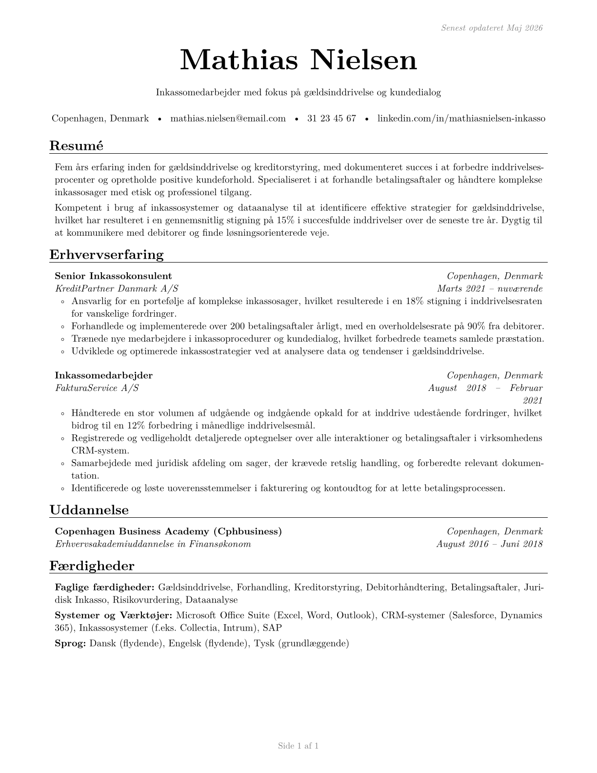 Bill and Account Collectors CV in Danish — page 1