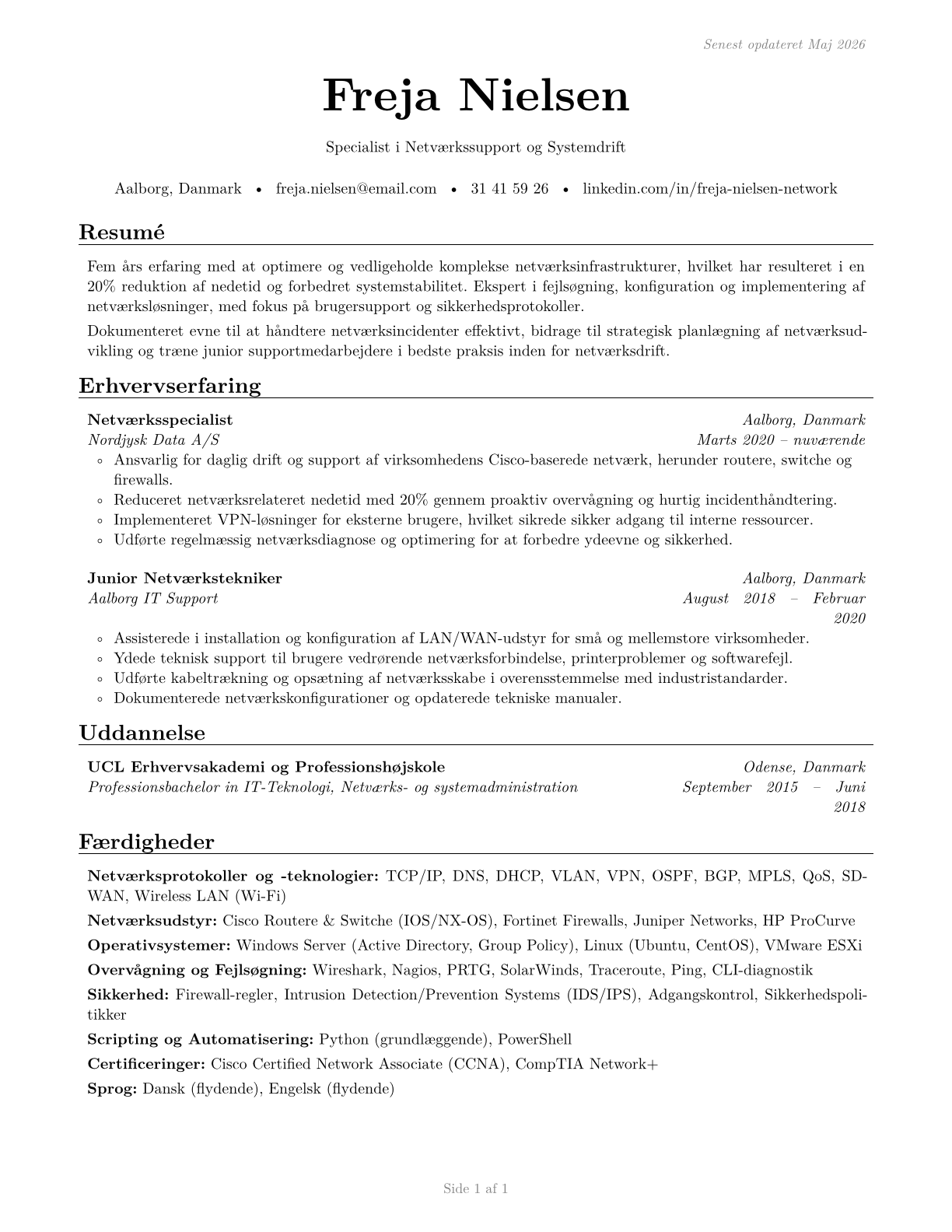 Computer Network Support Specialists CV in Danish — page 1
