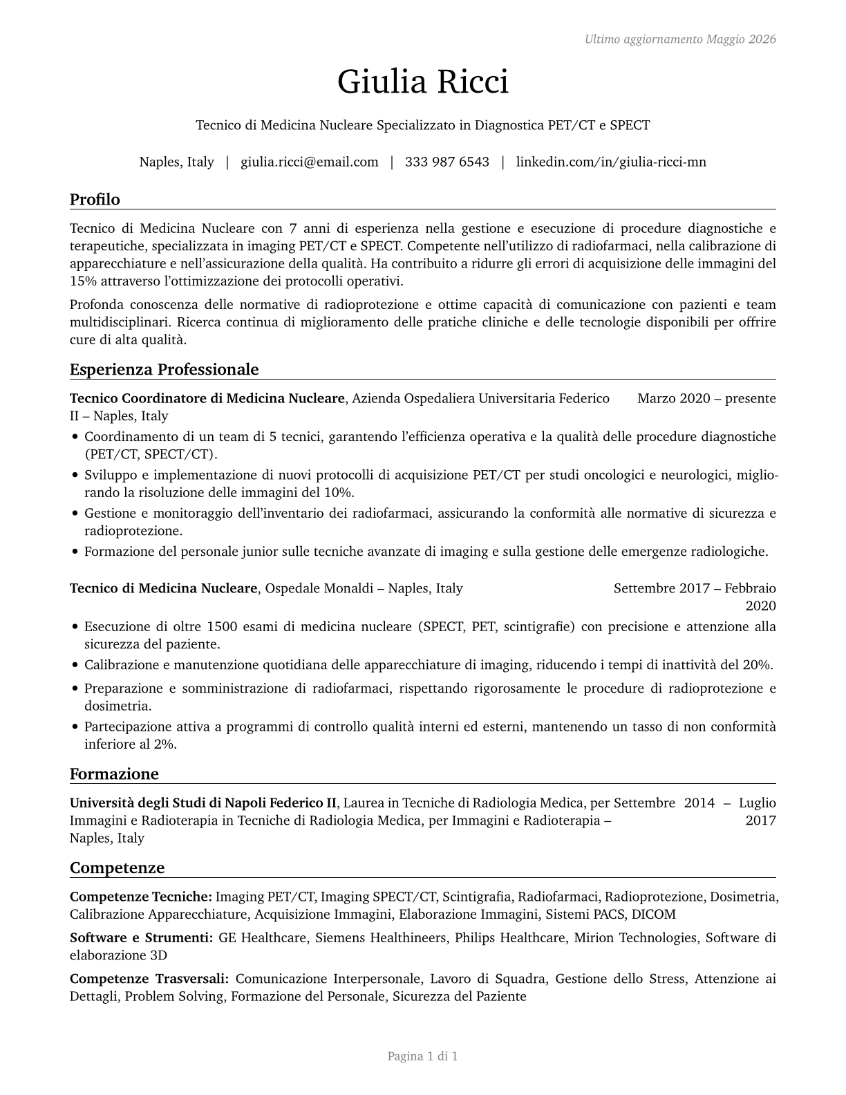 Nuclear Medicine Technologists CV in Italian — page 1