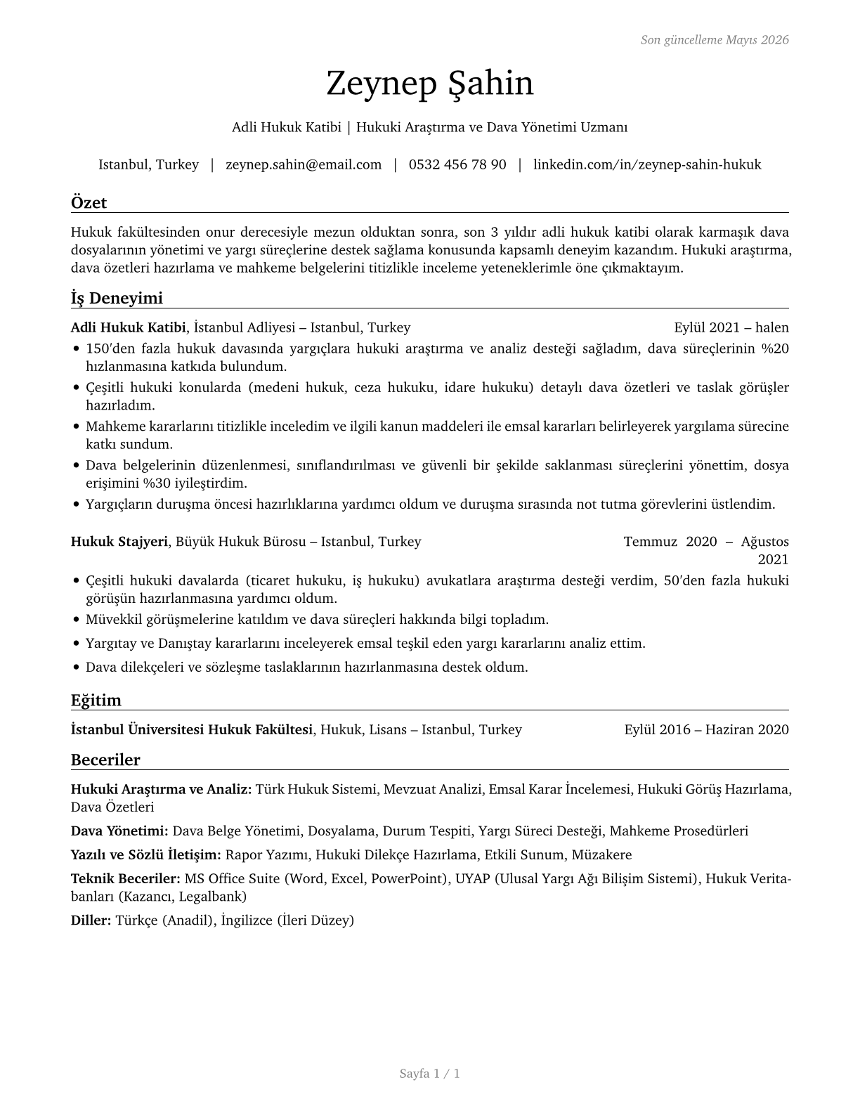 Judicial Law Clerks CV in Turkish — page 1
