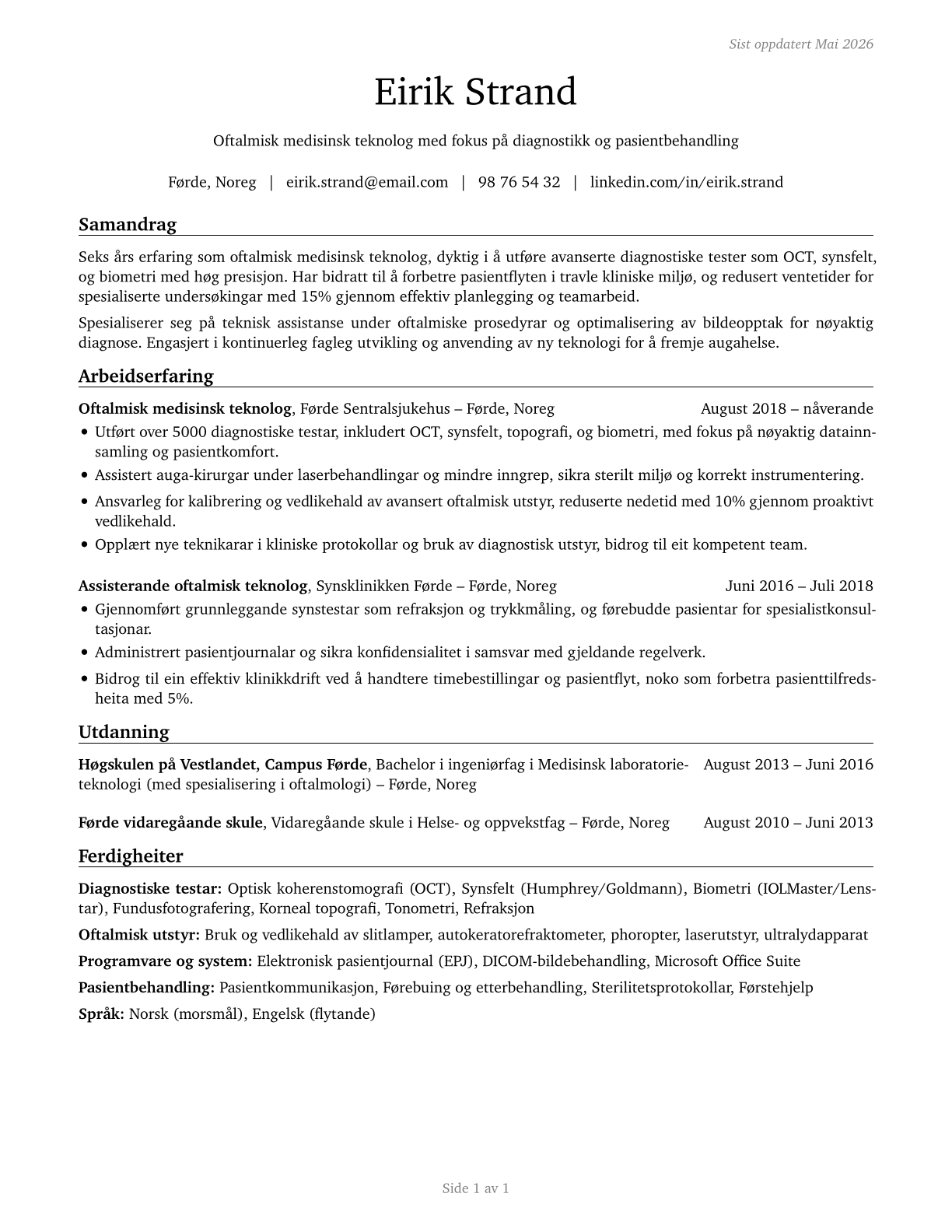 Ophthalmic Medical Technologists CV in Norwegian_nynorsk — page 1