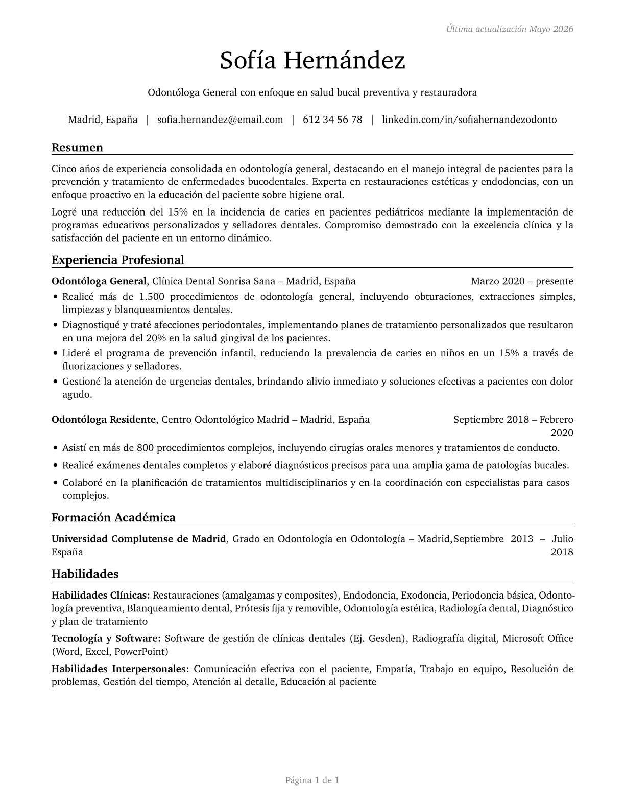 Dentists, General CV in Spanish — page 1