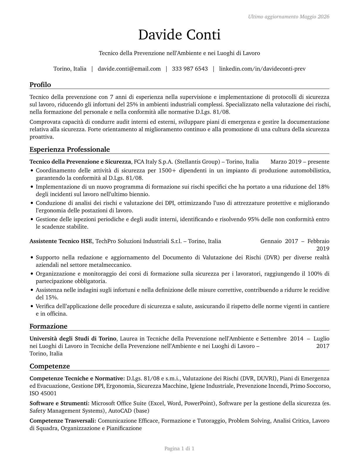 Occupational Health and Safety Technicians CV in Italian — page 1