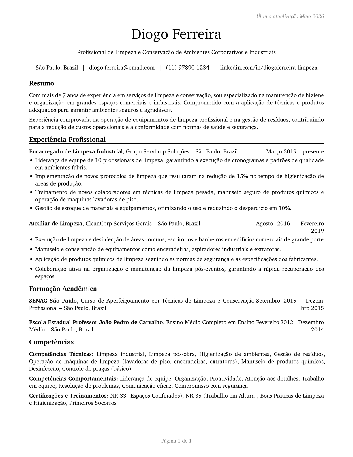 Janitors and Cleaners, Except Maids and Housekeeping Cleaners CV in Portuguese — page 1