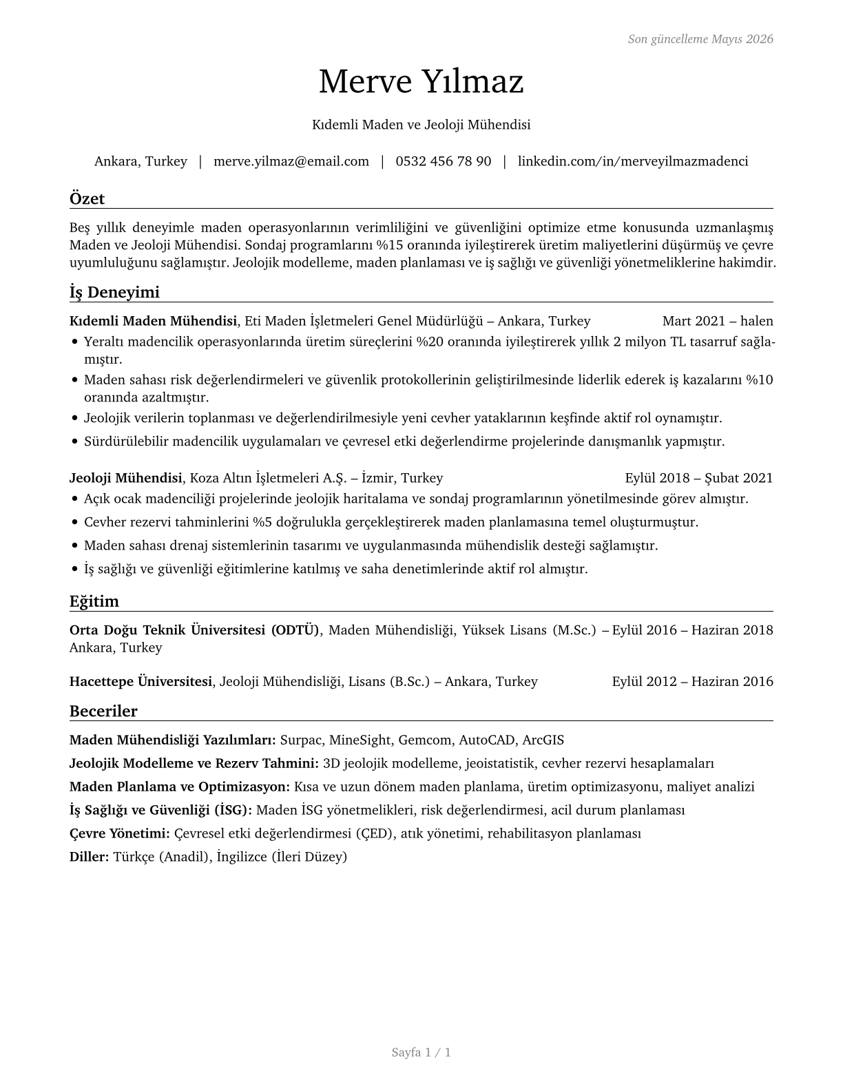 Mining and Geological Engineers, Including Mining Safety Engineers CV in Turkish — page 1