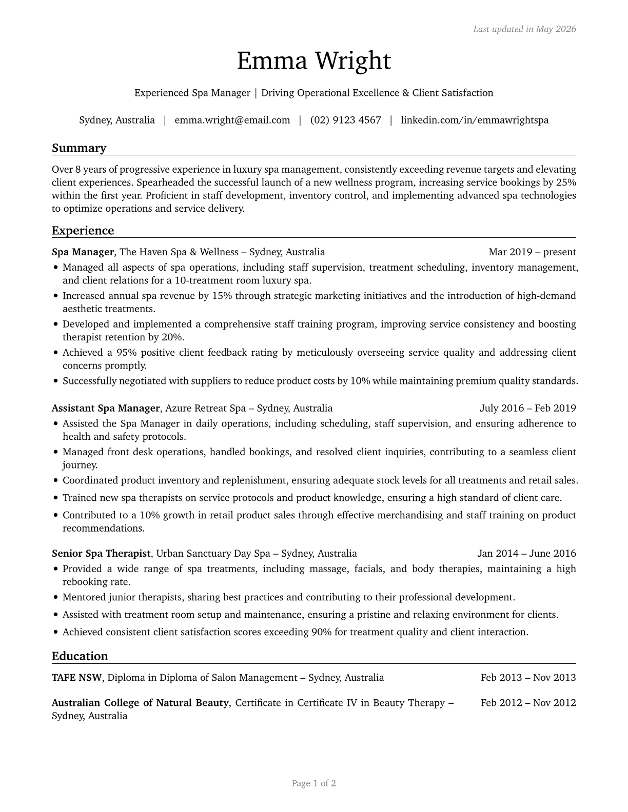 Spa Managers CV in English — page 1
