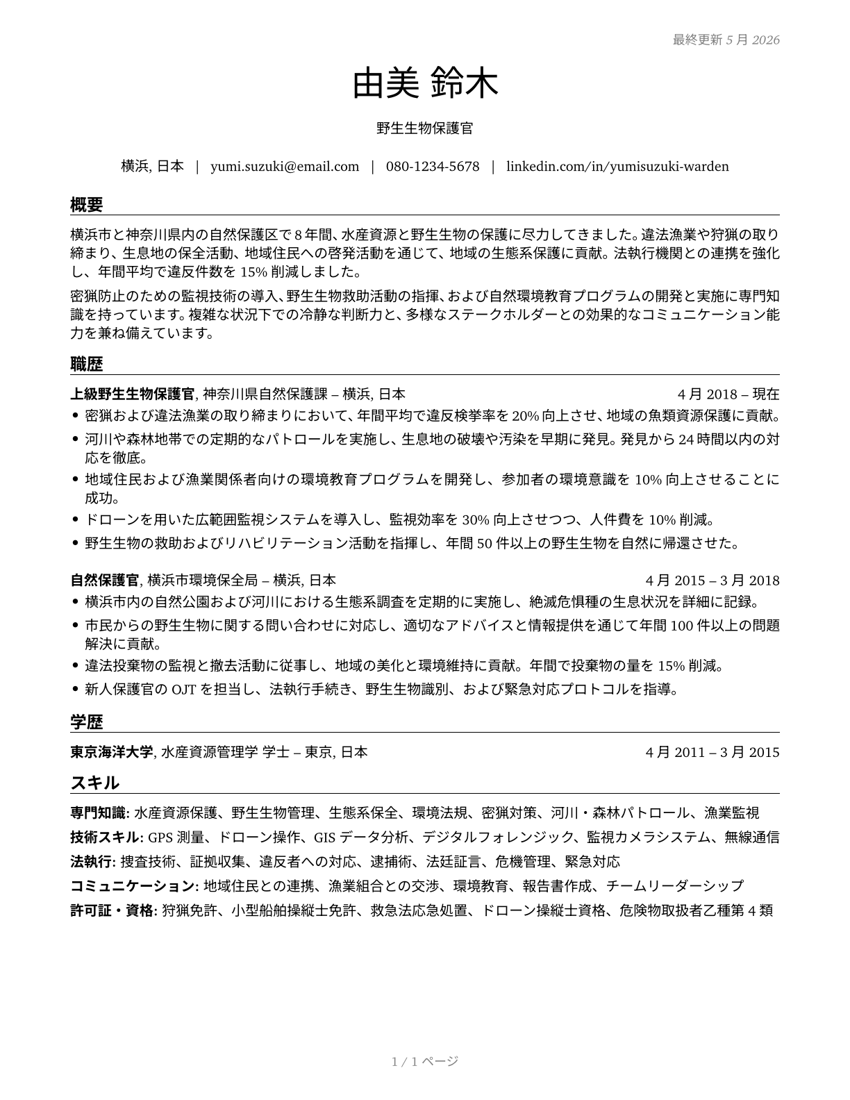 Fish and Game Wardens CV in Japanese — page 1