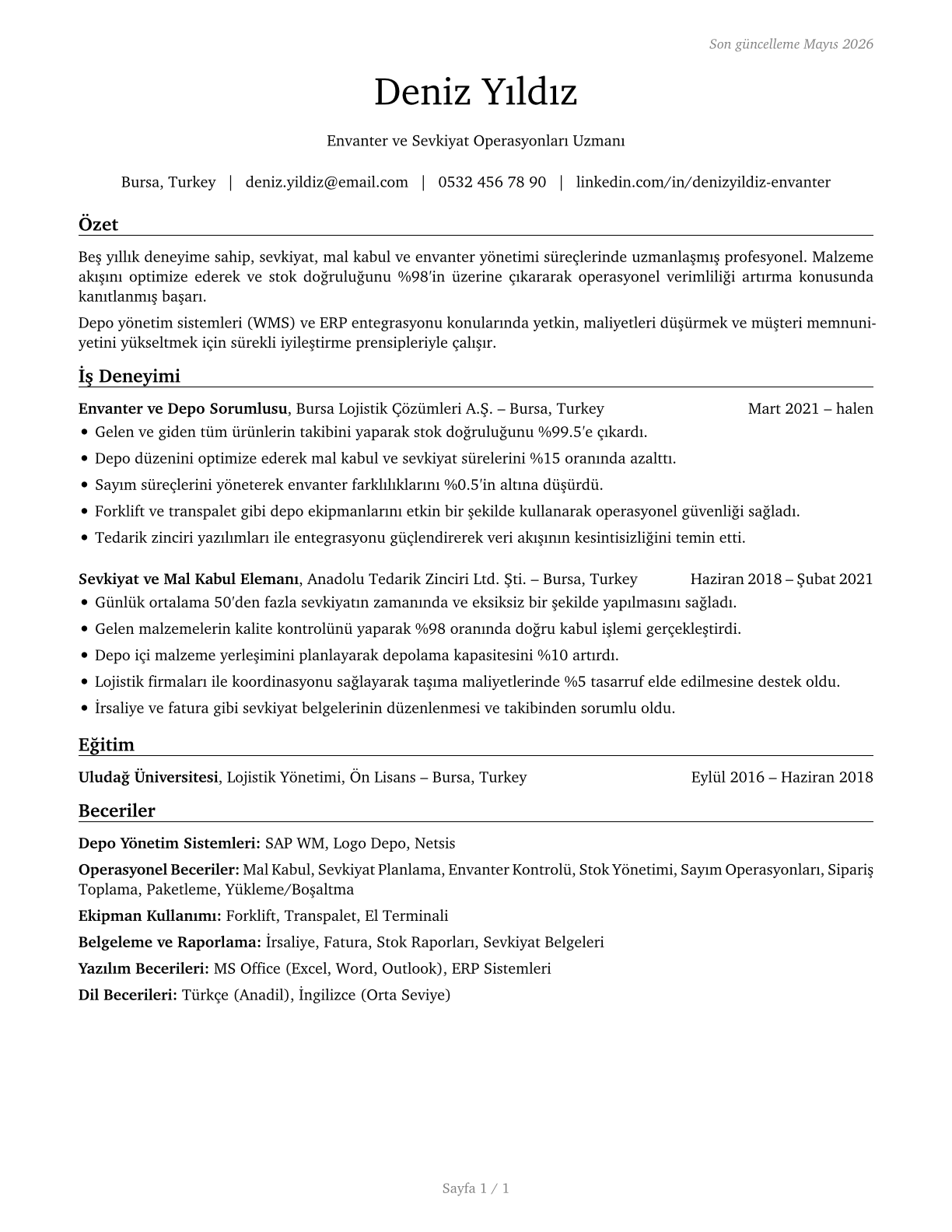 Shipping, Receiving, and Inventory Clerks CV in Turkish — page 1