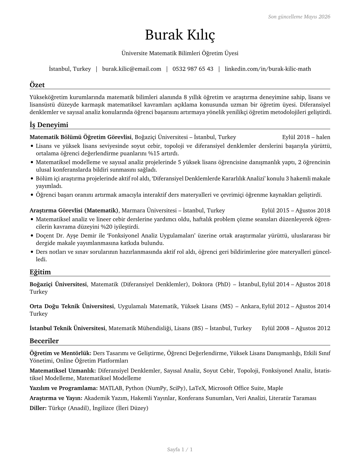 Mathematical Science Teachers, Postsecondary CV in Turkish — page 1