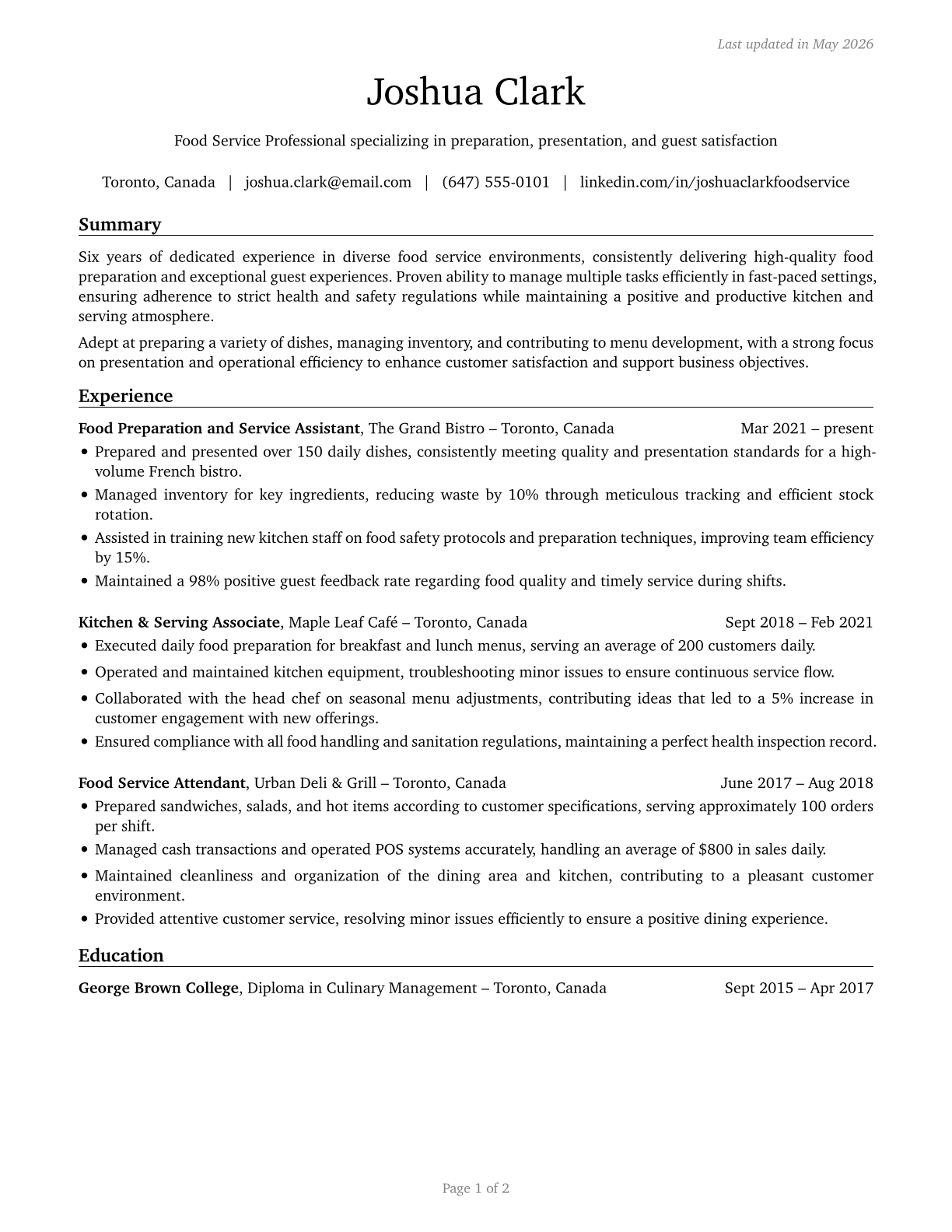 Food Preparation and Serving Related Workers, All Other CV in English — page 1