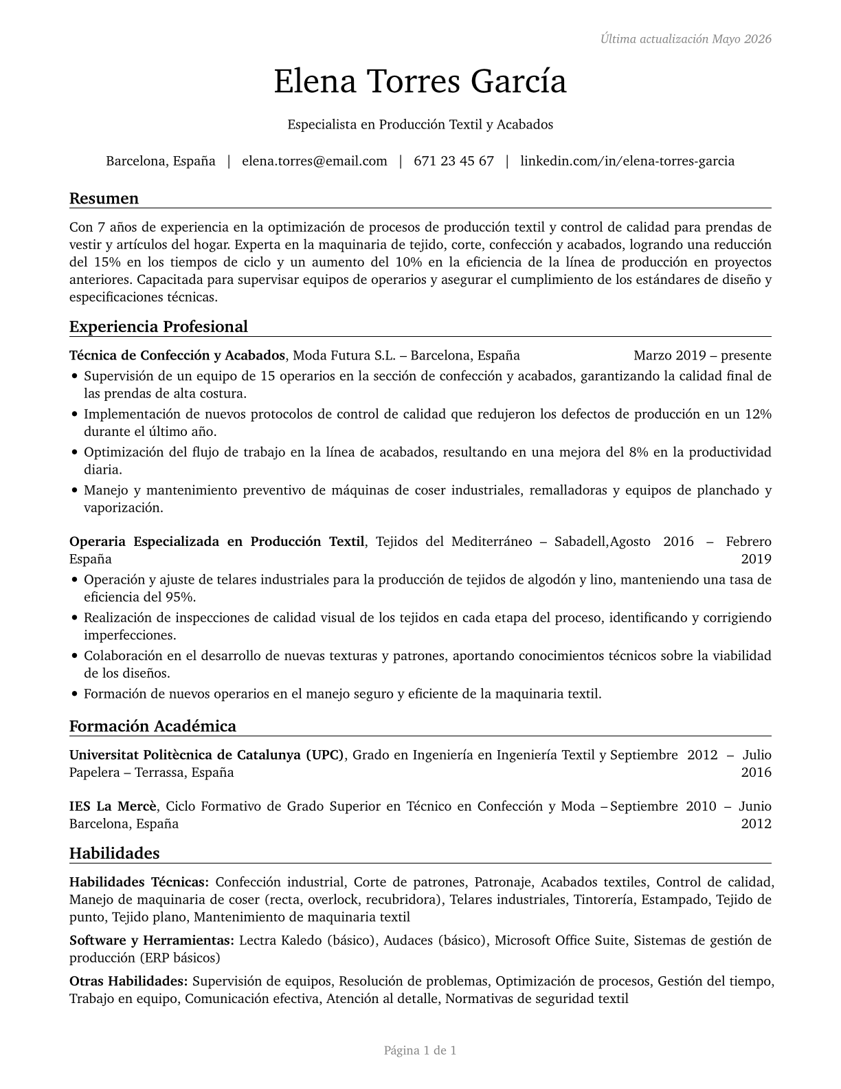 Textile, Apparel, and Furnishings Workers, All Other CV in Spanish — page 1