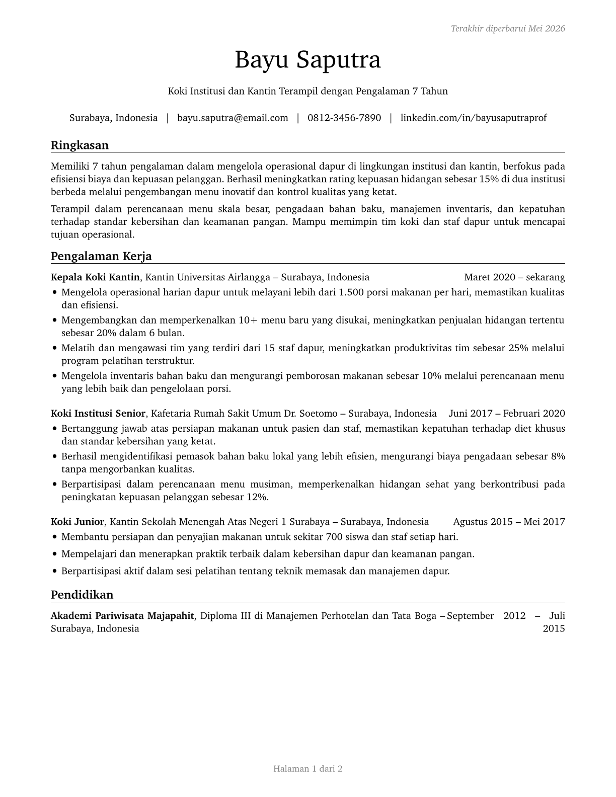 Cooks, Institution and Cafeteria CV in Indonesian — page 1