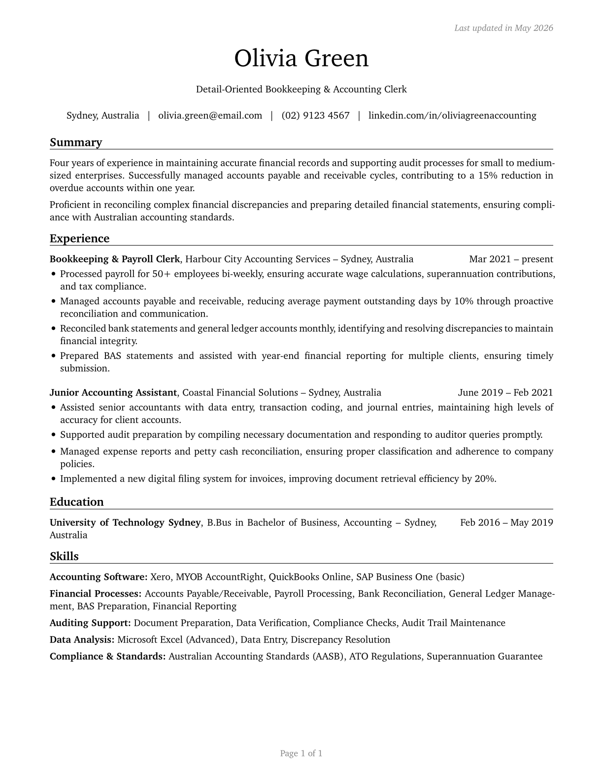 Bookkeeping, Accounting, and Auditing Clerks CV in English — page 1